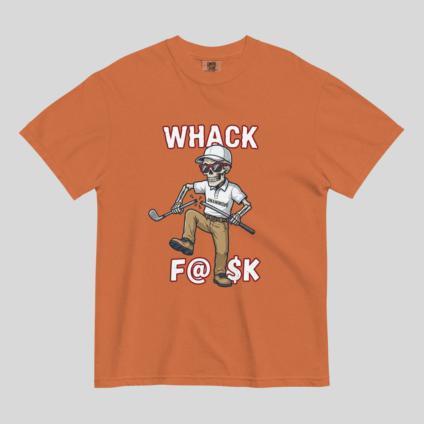 Whack F@$k skeleton golfer breaking golf club t-shirt design close-up