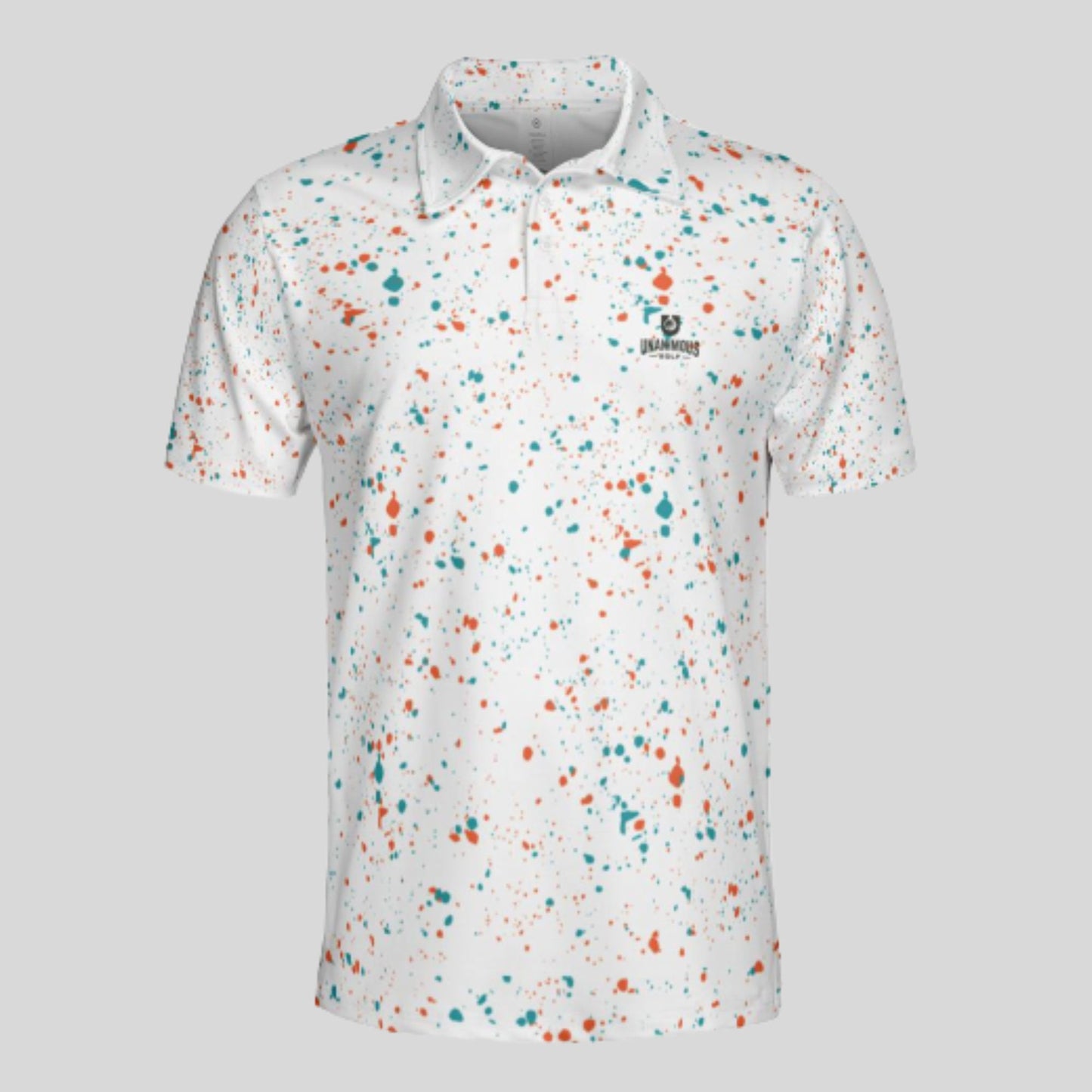 Aqua-orange paint splatter golf polo shirt for men