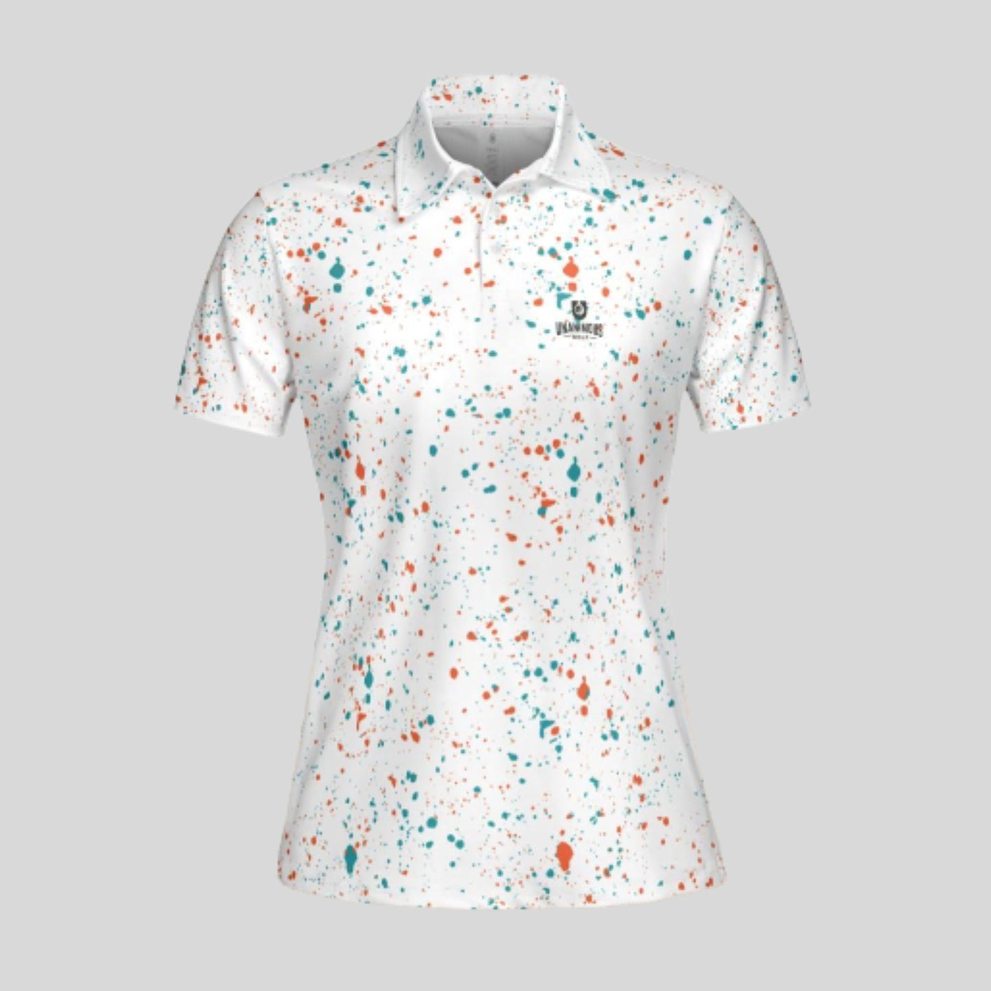 Aqua-orange paint splatter golf polo shirt for women