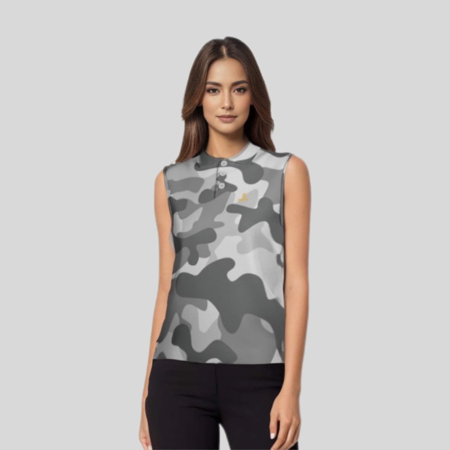 Grey Camo Sleeveless Golf Polo Shirt For Ladies