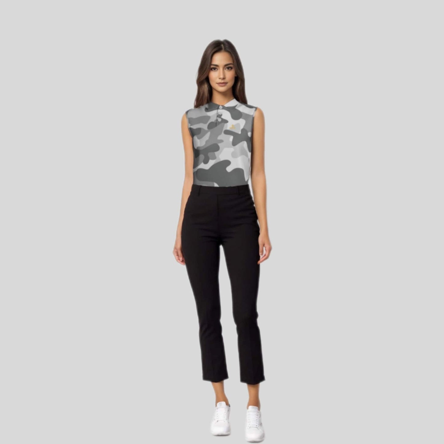 Grey Camo Sleeveless Golf Polo Shirt For Ladies