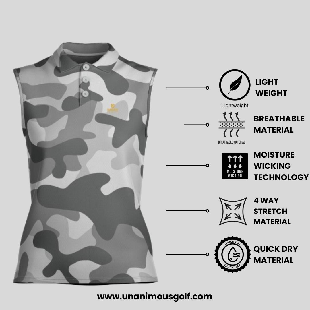 Grey Camo Sleeveless Golf Polo Shirt For Ladies