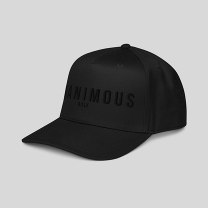 A black structured baseball cap with 'UNANIMOUS GOLF' embossed on the front, shown against a solid light gray background.