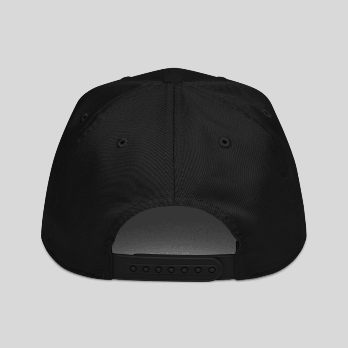 Black cap with a small logo on the back against a white background