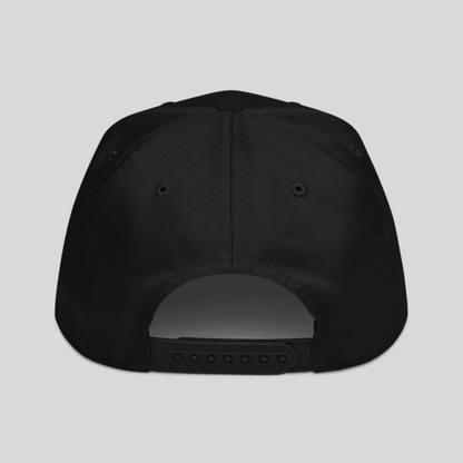 Black cap with a small logo on the back against a white background