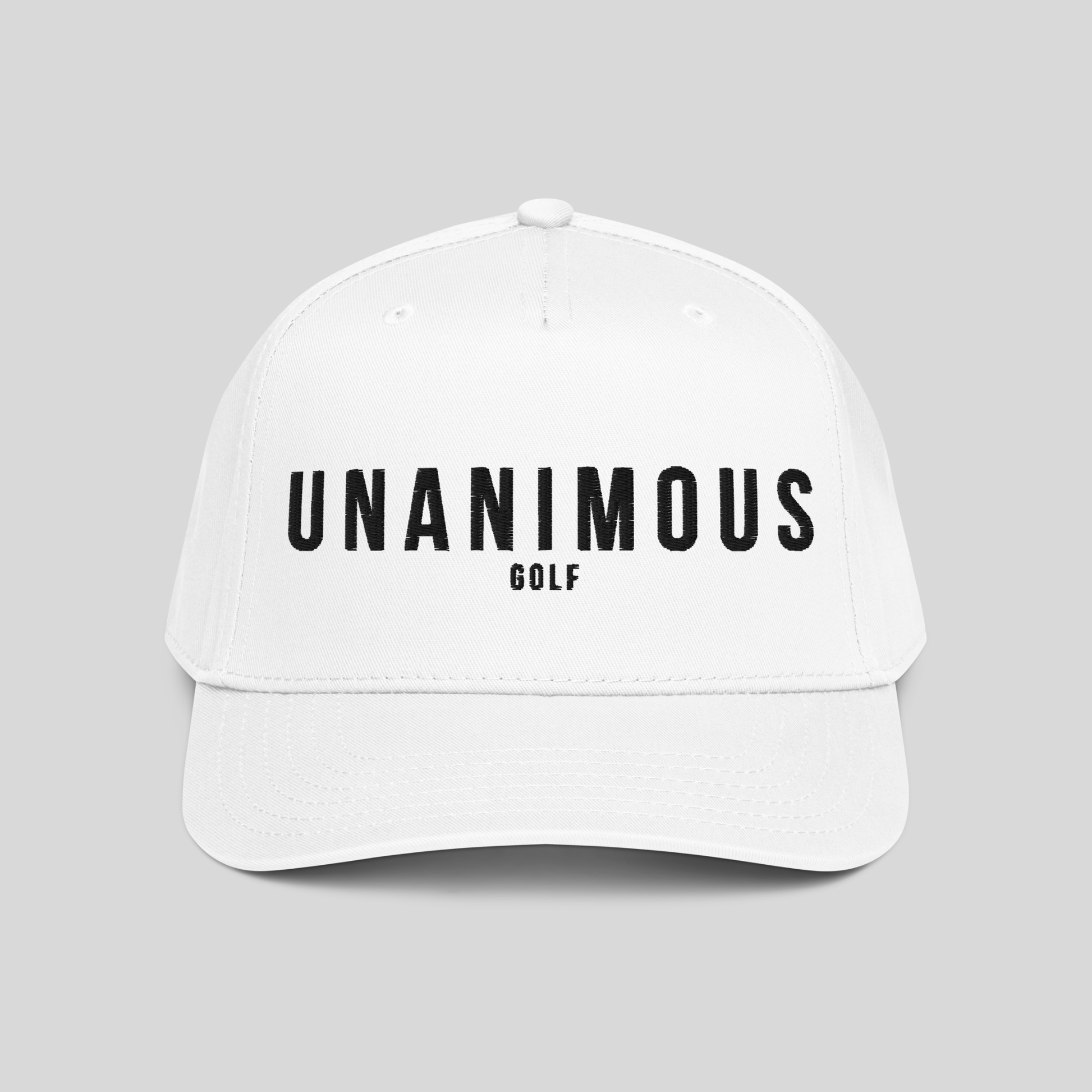 A white baseball cap with 'UNANIMOUS GOLF' printed in black across the front, shown against a solid light gray background.