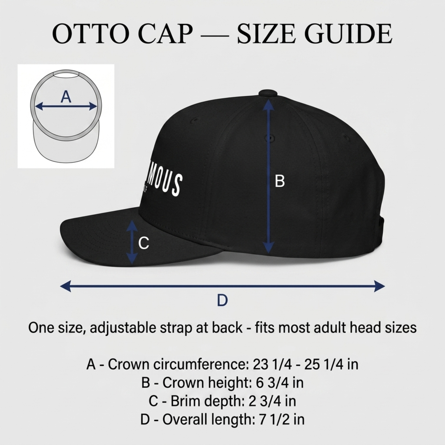 A size guide graphic for an Otto Cap adjustable strap baseball hat, showing a black cap with labeled dimensions A, B, C, and D, plus a small inset diagram of the crown measurement and text listing approximate measurements.