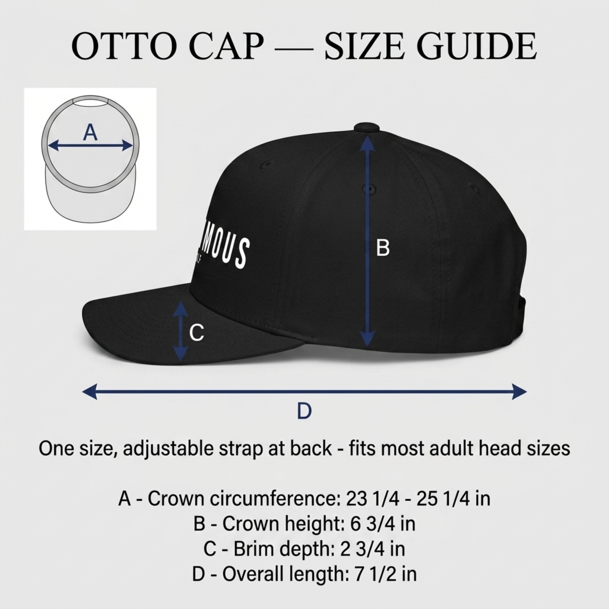 A size guide graphic for an Otto Cap adjustable strap baseball hat, showing a black cap with labeled dimensions A, B, C, and D, plus a small inset diagram of the crown measurement and text listing approximate measurements.