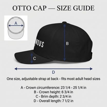 A size guide graphic for an Otto Cap adjustable strap baseball hat, showing a black cap with labeled dimensions A, B, C, and D, plus a small inset diagram of the crown measurement and text listing approximate measurements.