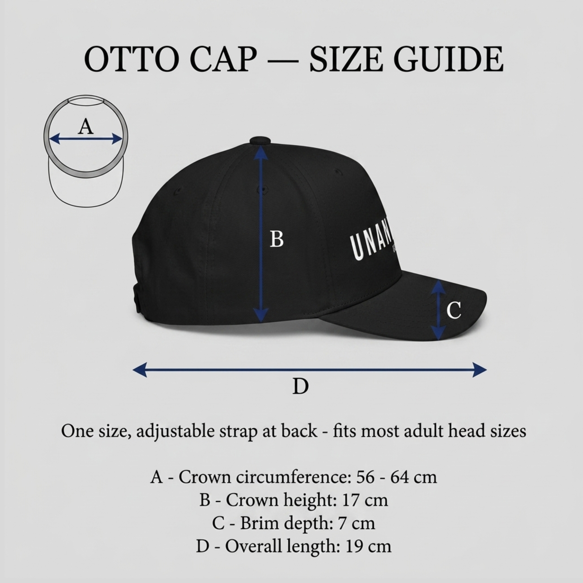 A size guide graphic for the Otto Cap, showing a black baseball cap with dimension arrows labeled A, B, C, and D, plus text explaining measurements for crown circumference, crown height, brim depth, and overall length.