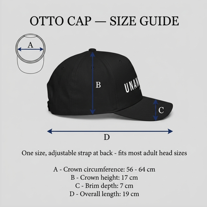 A size guide graphic for the Otto Cap, showing a black baseball cap with dimension arrows labeled A, B, C, and D, plus text explaining measurements for crown circumference, crown height, brim depth, and overall length.