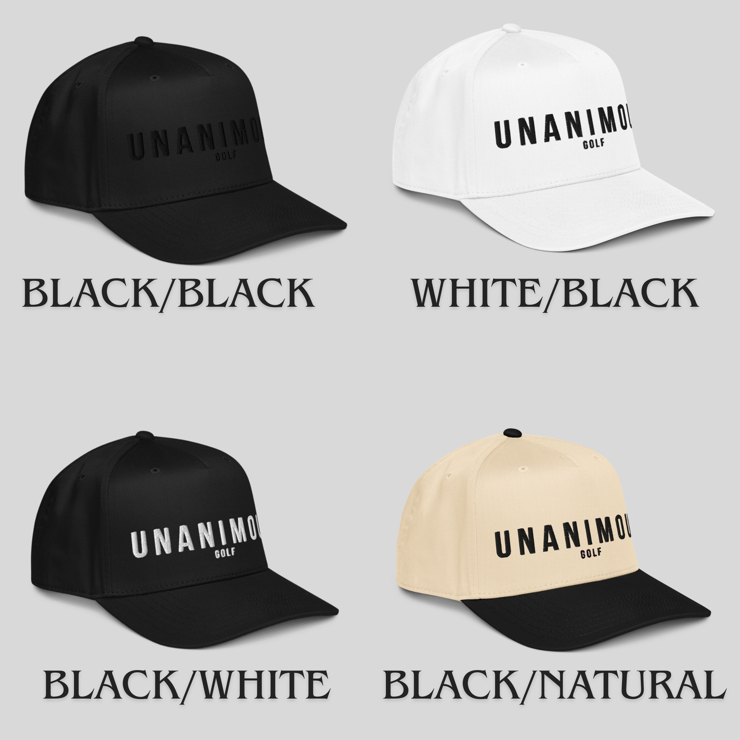 Four baseball caps arranged in a 2x2 grid on a light gray background, each labeled with a color combination beneath it. The caps are shown in black, white, and natural beige, with the UNANIMO GOLF logo printed on the front.
