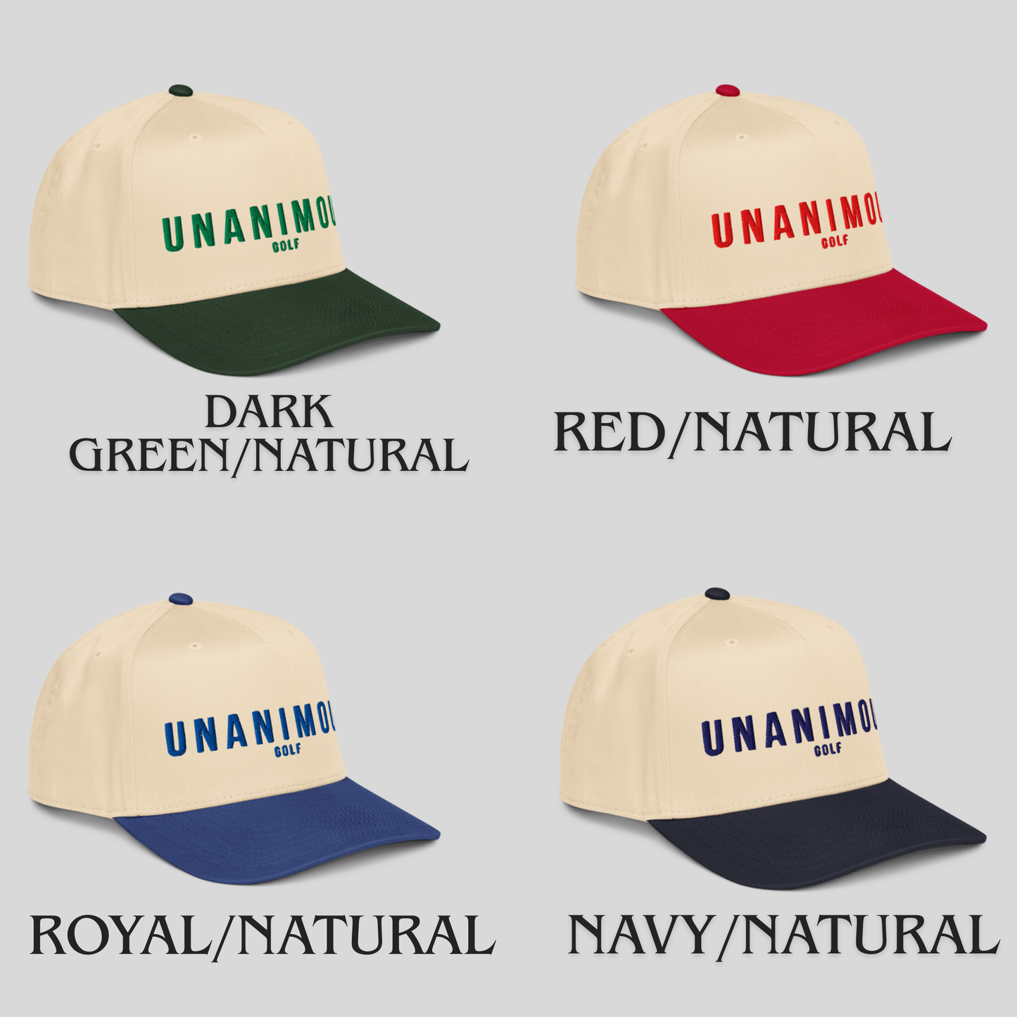Four baseball caps shown in a 2x2 grid on a light gray background, each with the text 'UNIMOTO GOLF' embroidered on the front and labels underneath: Dark Green/Natural, Red/Natural, Royal/Natural, and Navy/Natural.