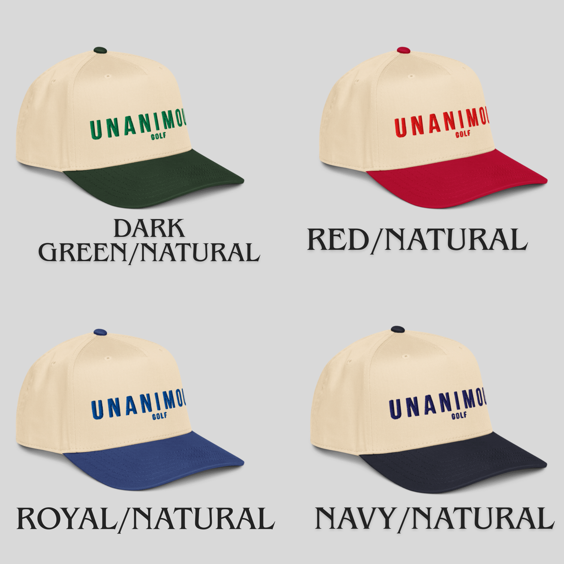 Four baseball caps shown in a 2x2 grid on a light gray background, each with the text 'UNIMOTO GOLF' embroidered on the front and labels underneath: Dark Green/Natural, Red/Natural, Royal/Natural, and Navy/Natural.