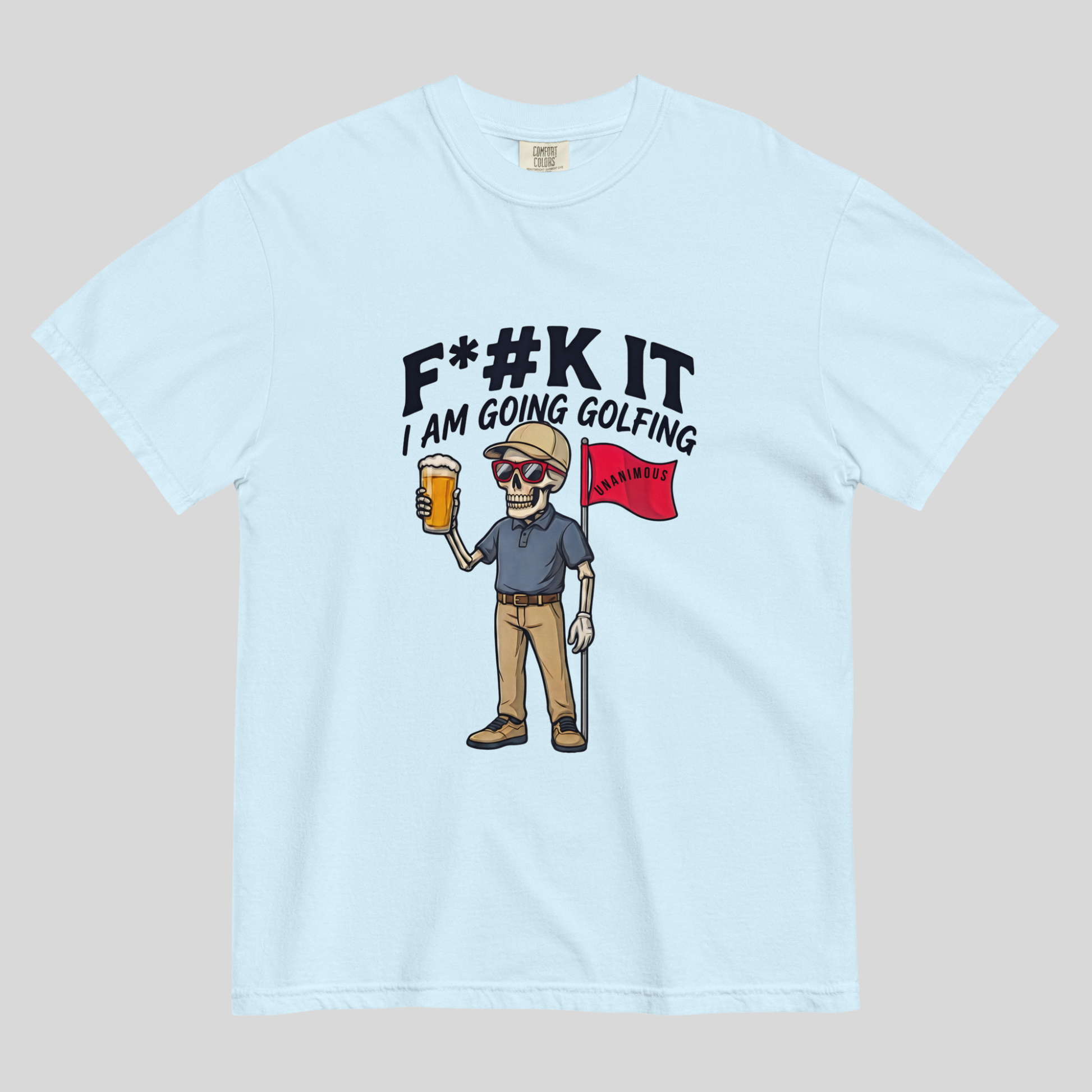 Unanimous Golf F*#k It I'm Going Golfing skeleton golfer t-shirt design close-up