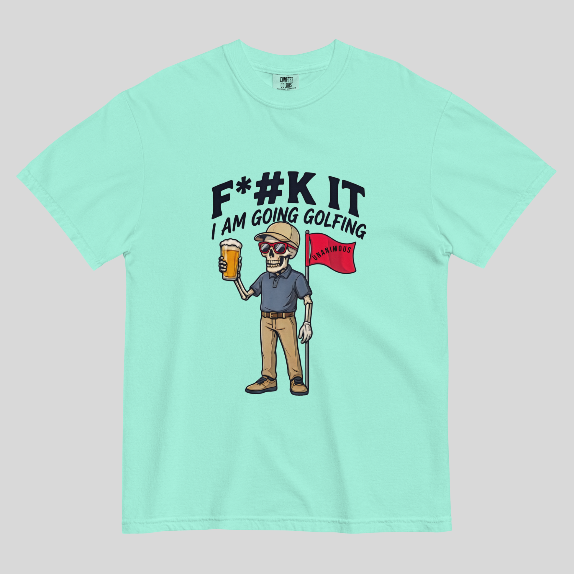 Unanimous Golf F*#k It I'm Going Golfing skeleton golfer t-shirt design close-up