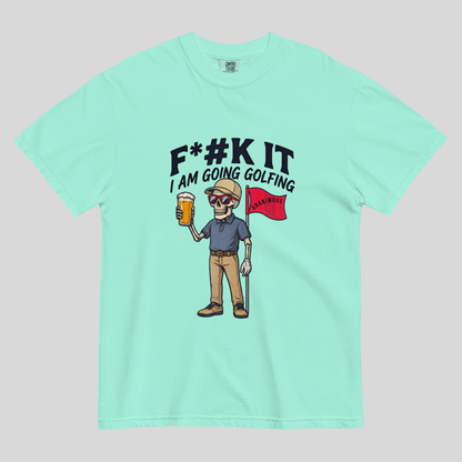 Unanimous Golf F*#k It I'm Going Golfing skeleton golfer t-shirt design close-up