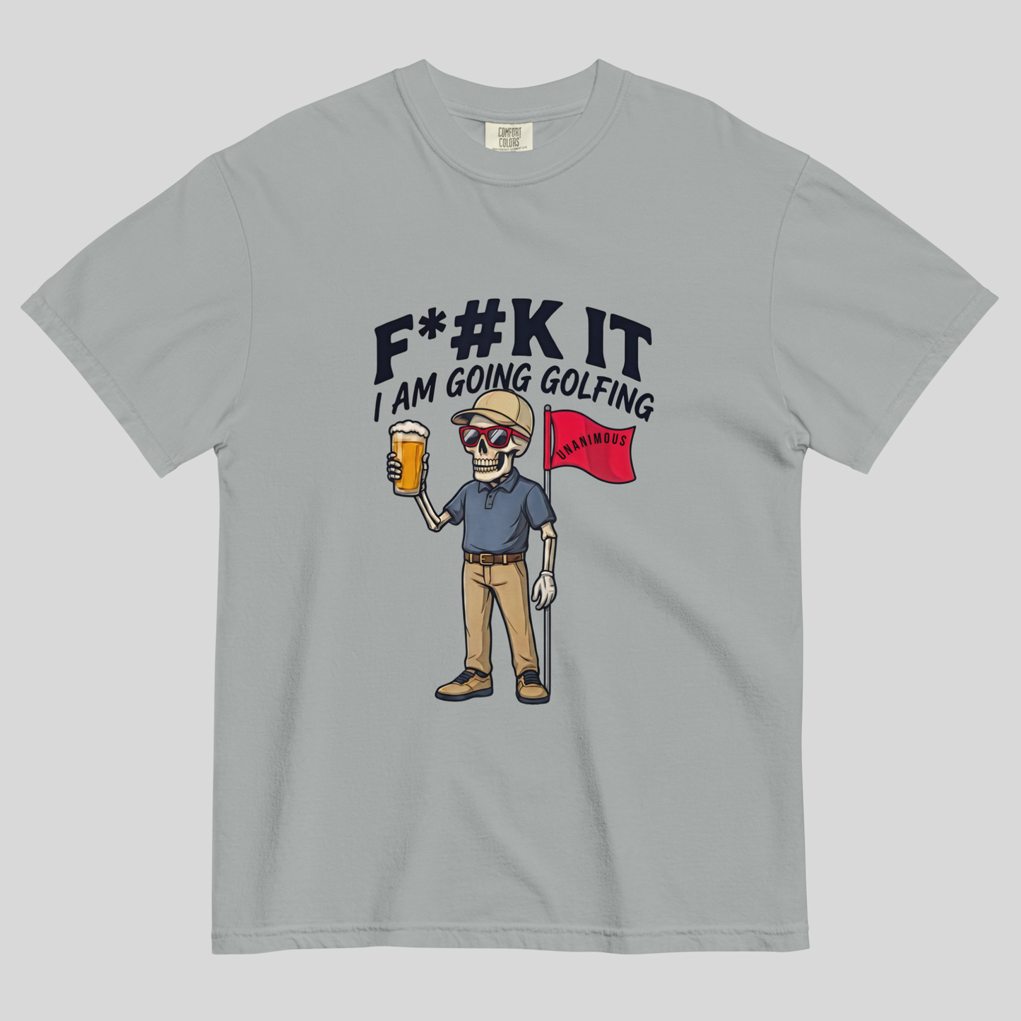 Unanimous Golf F*#k It I'm Going Golfing skeleton golfer t-shirt design close-up