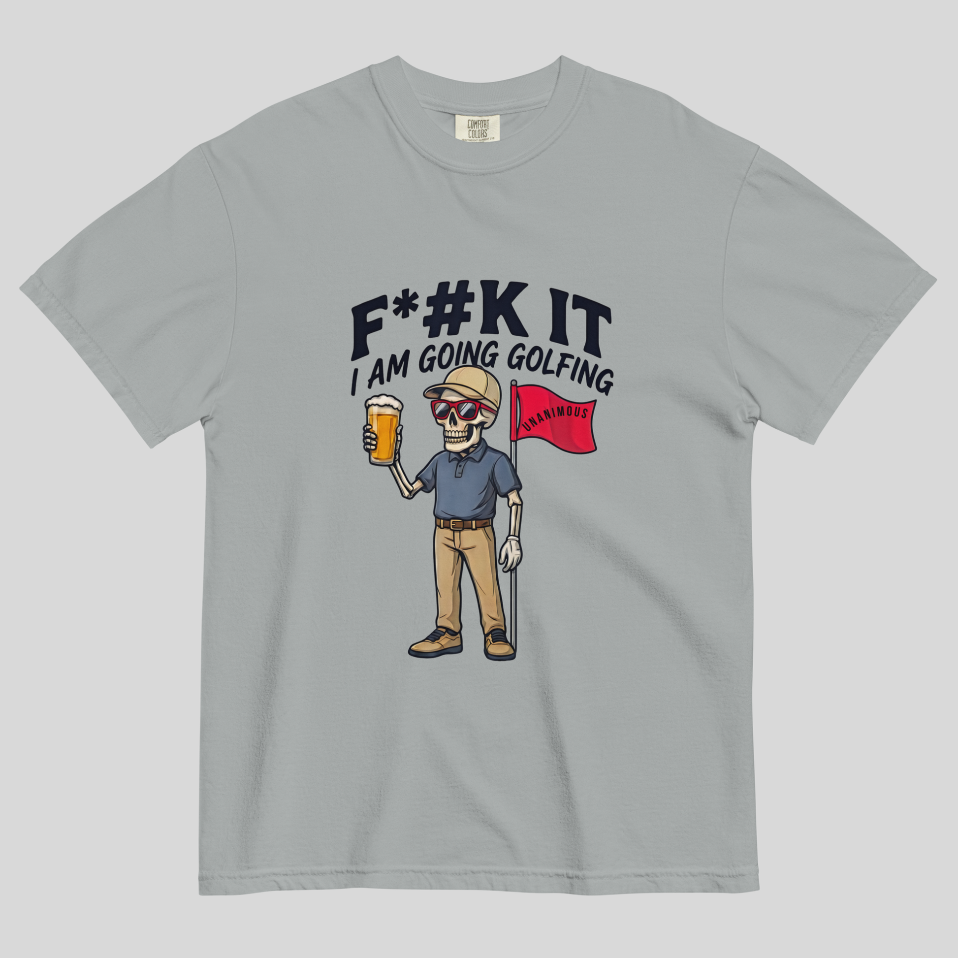 Unanimous Golf F*#k It I'm Going Golfing skeleton golfer t-shirt design close-up