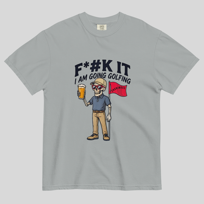 Unanimous Golf F*#k It I'm Going Golfing skeleton golfer t-shirt design close-up