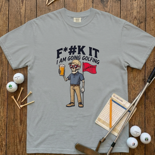 Cream Comfort Colors t-shirt with a skeleton golfer holding a beer and red flag, text reads F*#k It I'm Going Golfing