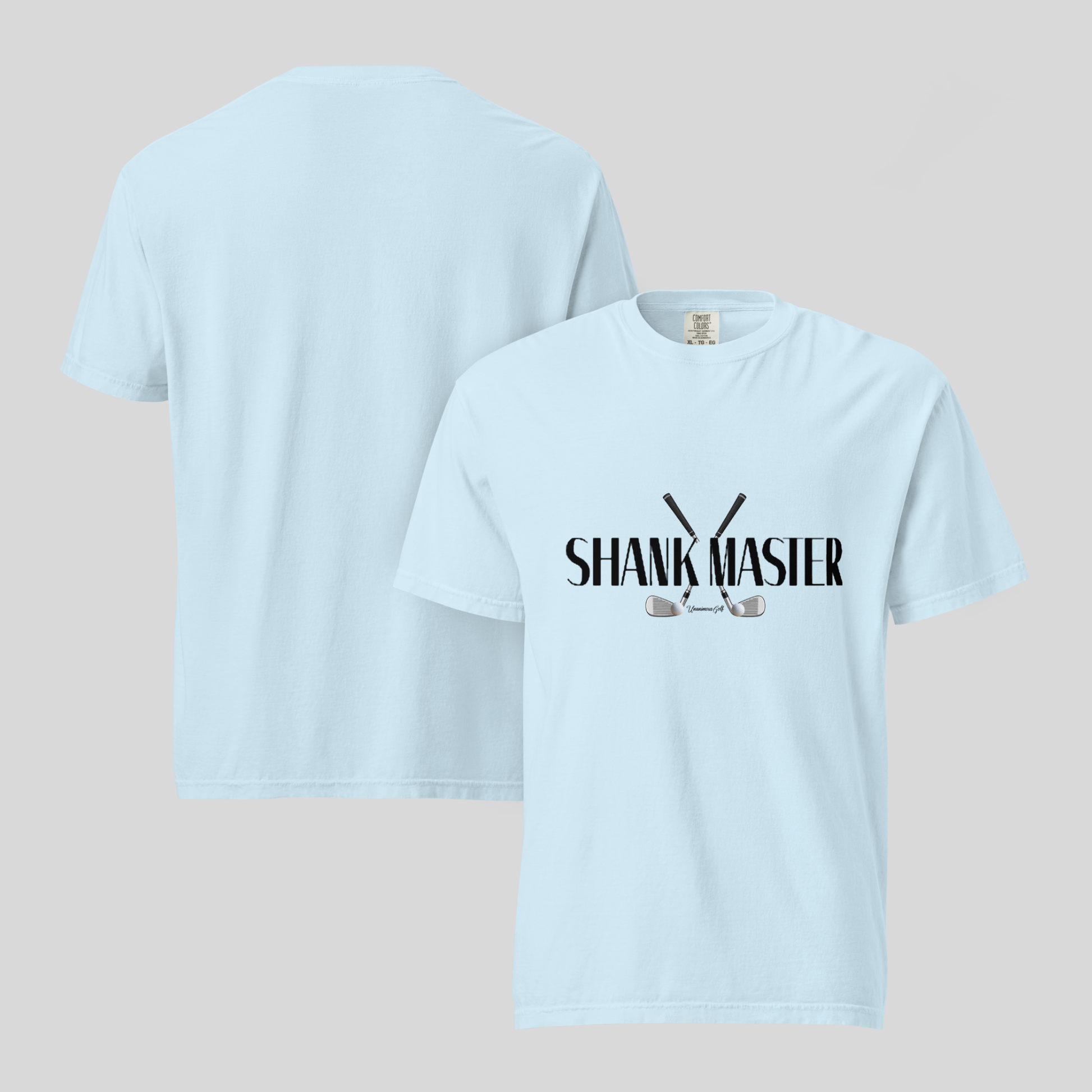 A light blue short-sleeve t-shirt shown from both front and back. The front features a black graphic print reading 'SHANK MASTER' with crossed golf clubs underneath.