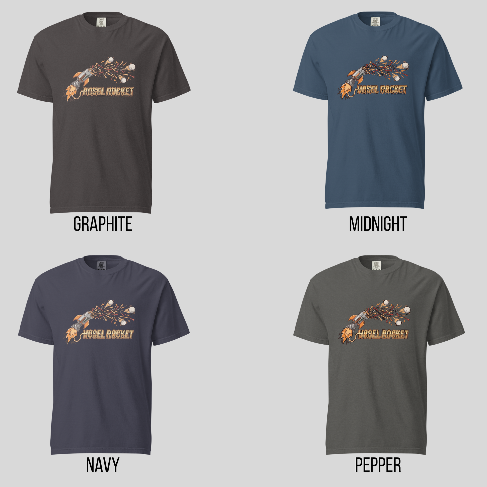 Four short-sleeve T-shirts shown in a 2x2 grid on a light gray background, labeled Graphite, Midnight, Navy, and Pepper. Each shirt has a front graphic of a rocket with tees flying out of the rocket 