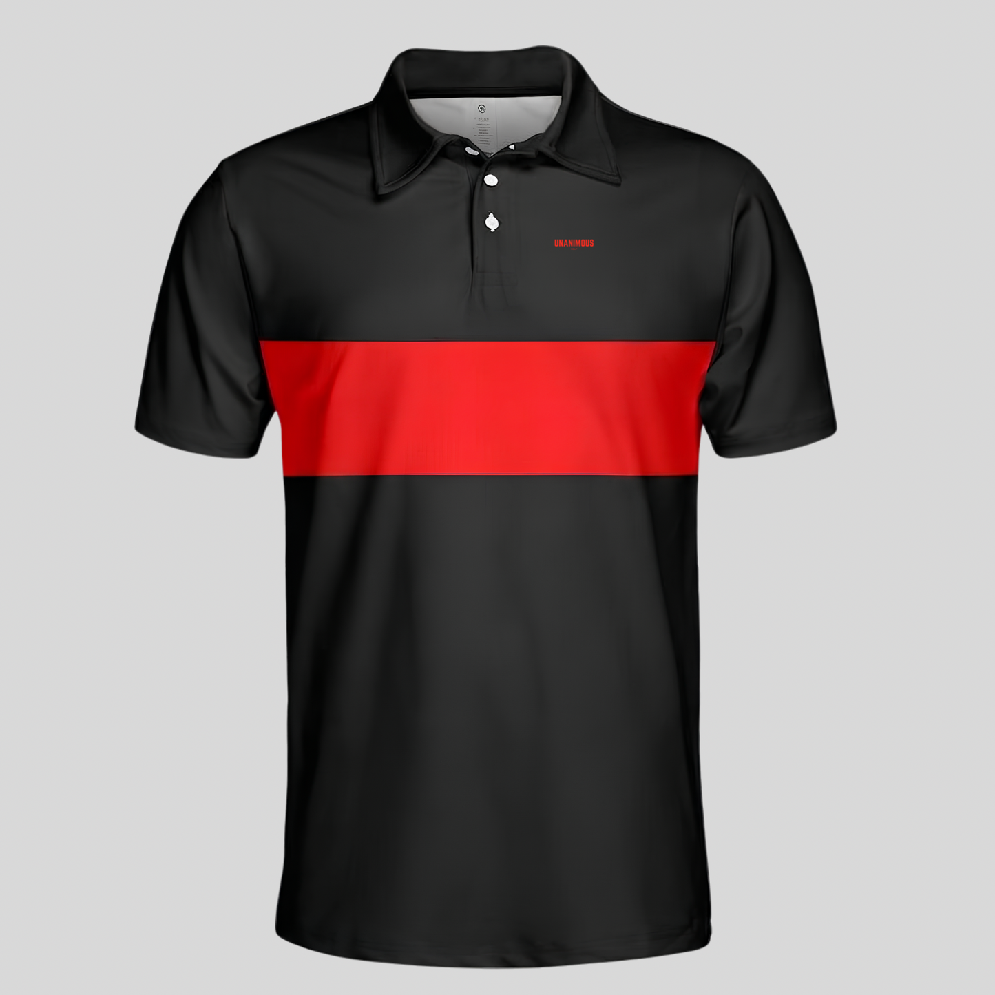 Unanimous Golf dark green and white chest stripe golf polo, front view