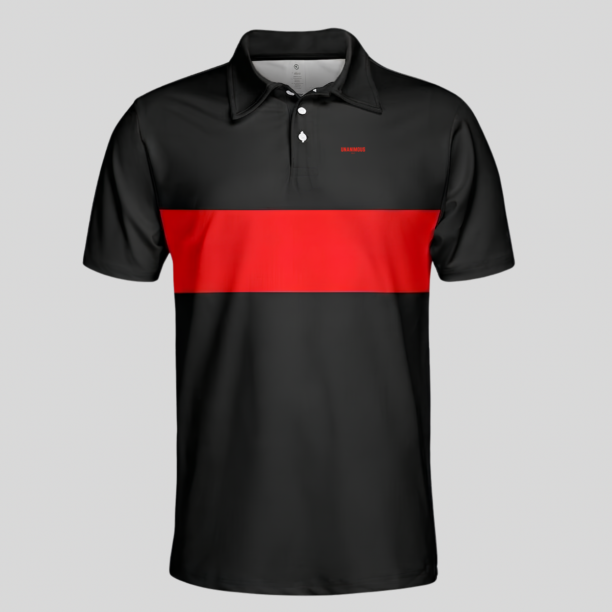Unanimous Golf dark green and white chest stripe golf polo, front view