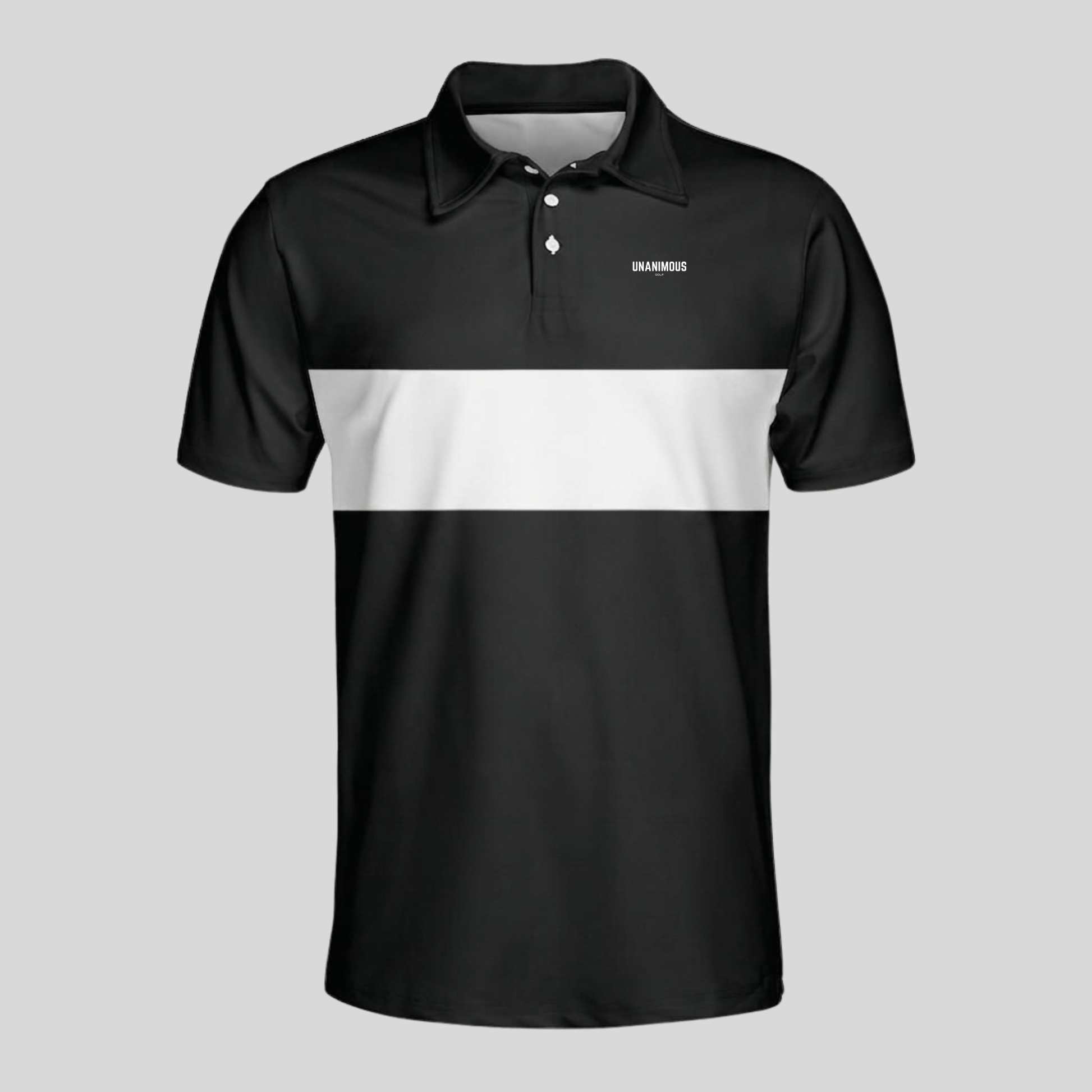 Unanimous Golf blue and white chest stripe golf polo, front view