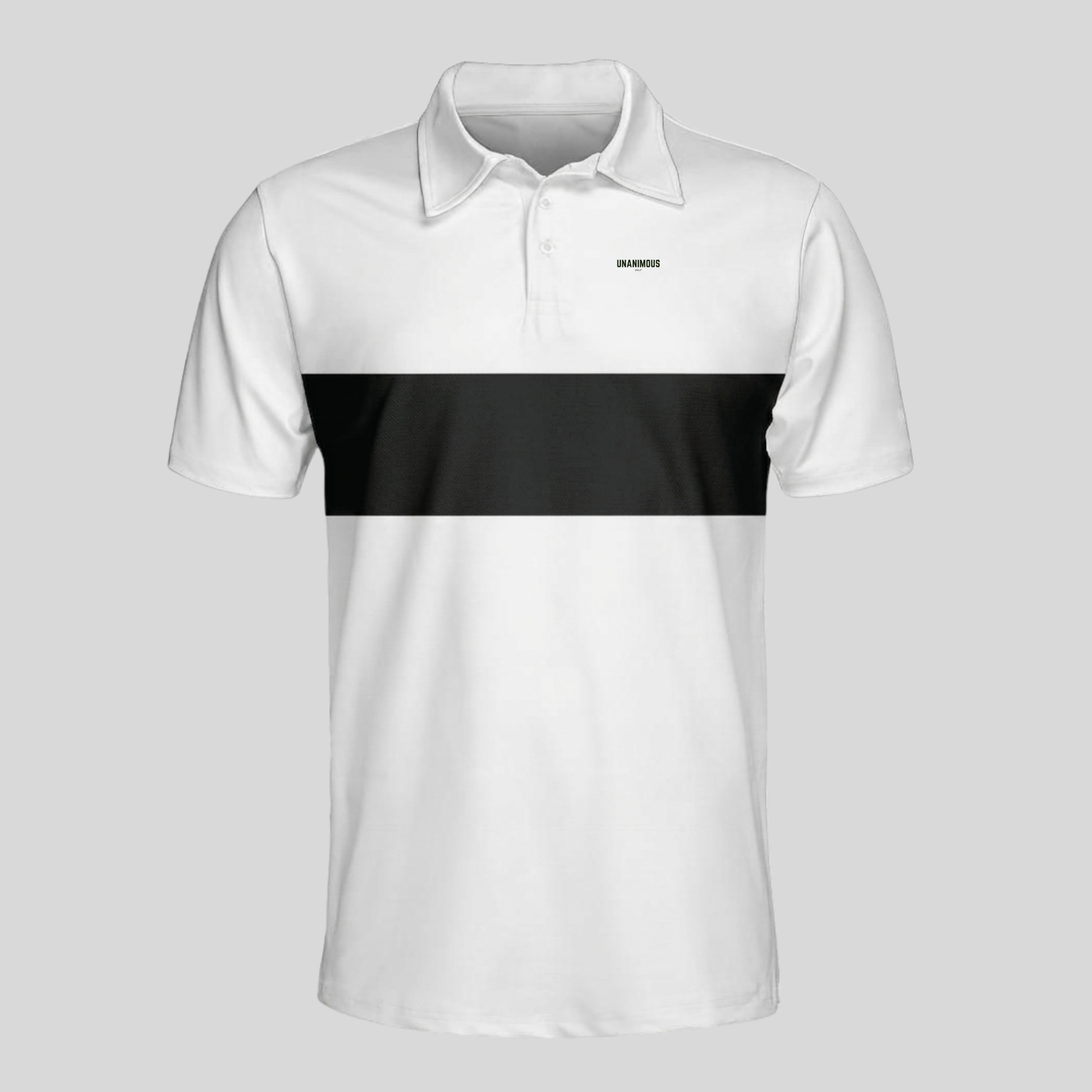 Unanimous Golf light blue and black chest stripe golf polo, front view