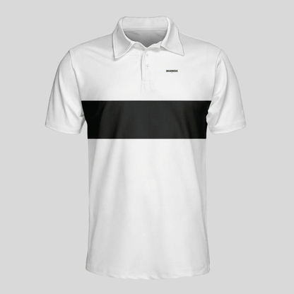 Unanimous Golf light blue and black chest stripe golf polo, front view