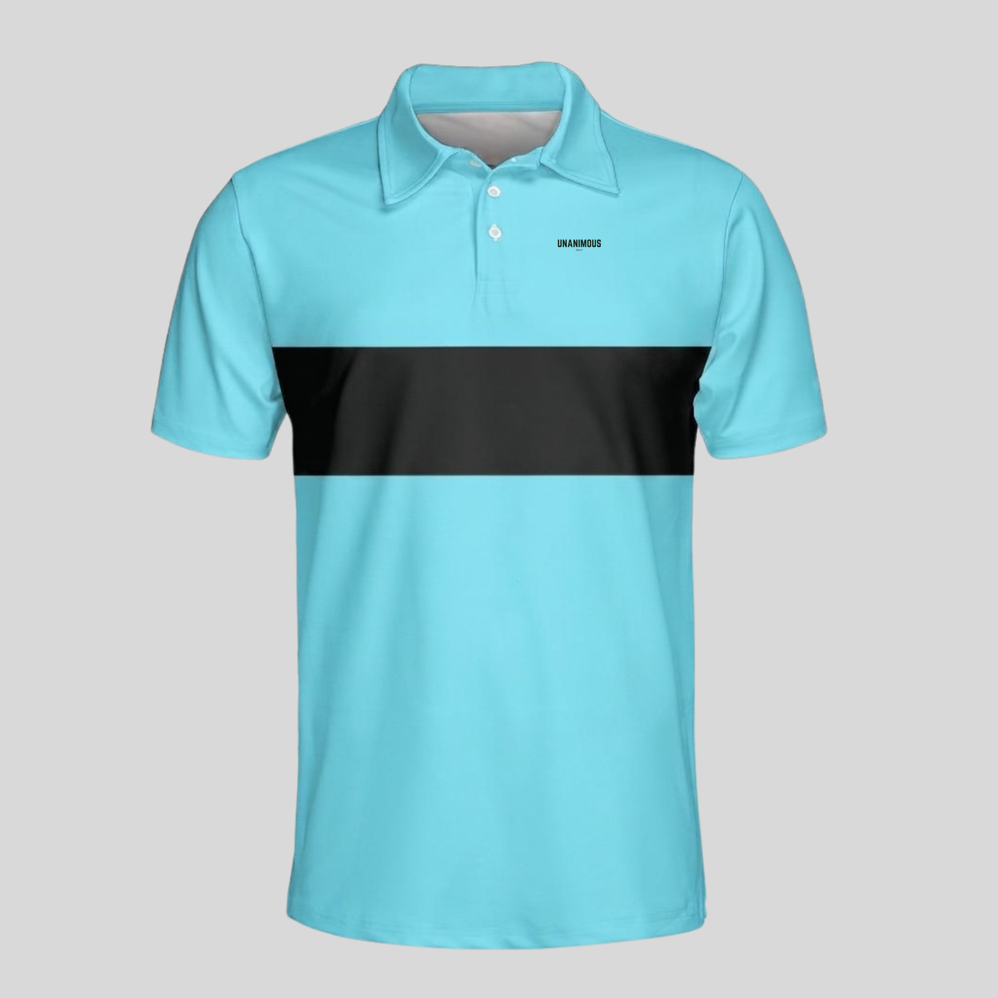 Unanimous Golf white and black chest stripe golf polo, front view