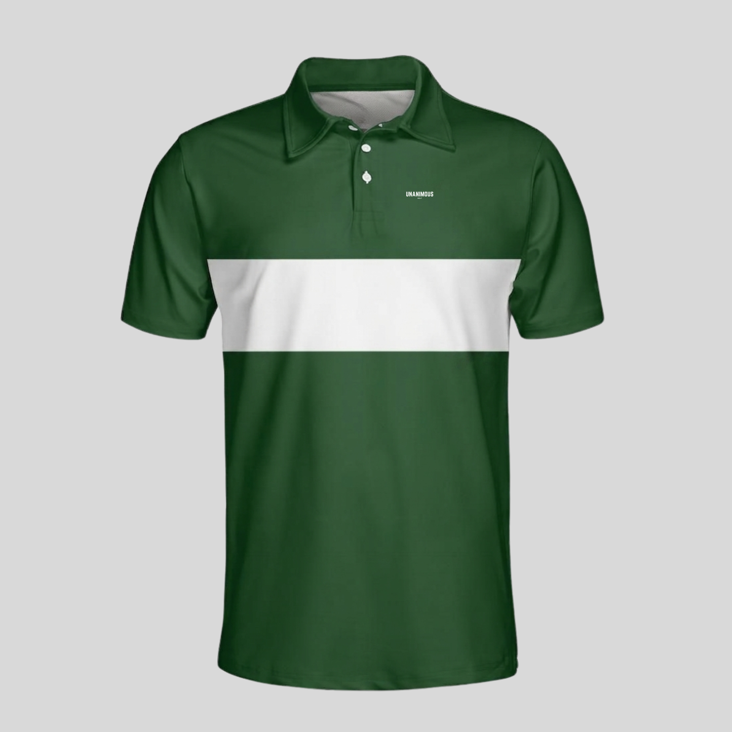 Unanimous Golf black and red chest stripe golf polo, front view