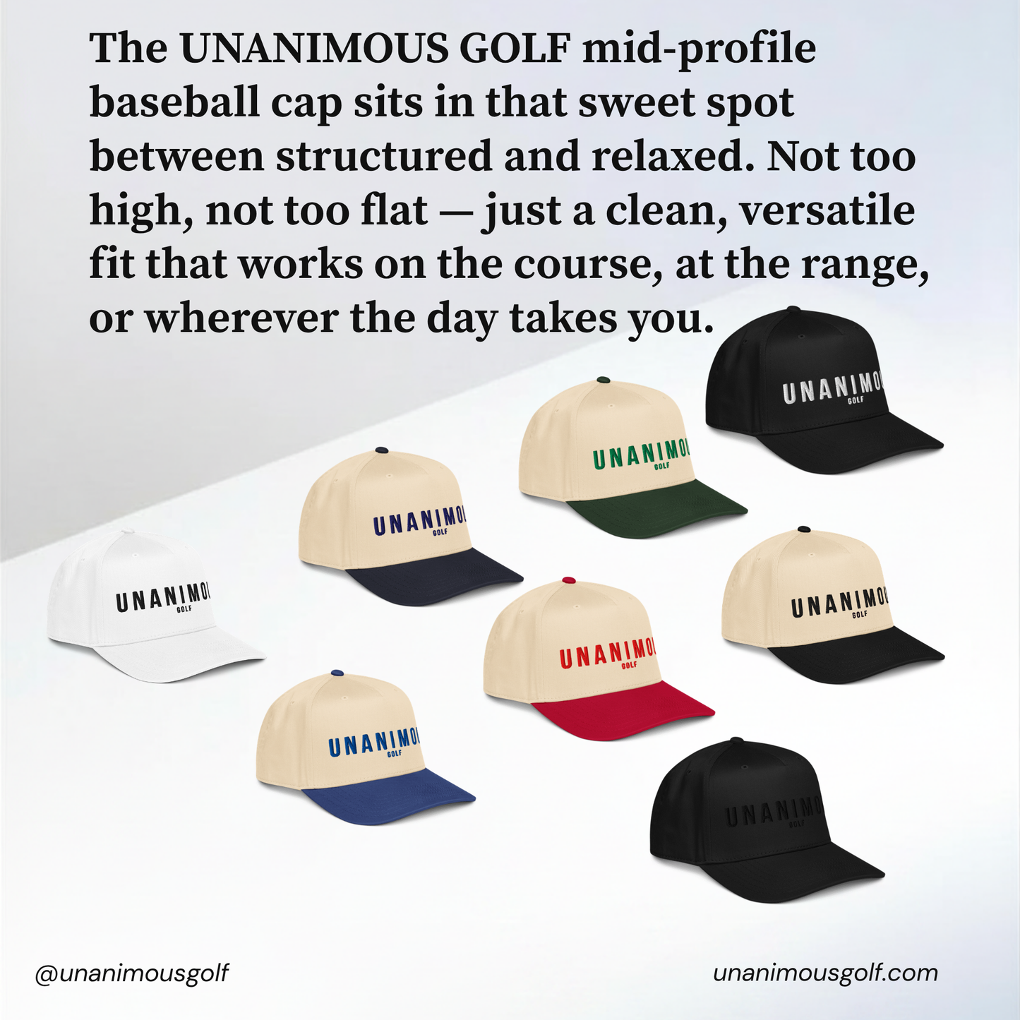 Promotional graphic for the Unanimous Golf baseball cap, showing multiple color options (white, navy, green, red, beige, black) with the Unanimous Golf logo embroidered on the front. The image features descriptive text at the top and social media/website handles at the bottom.