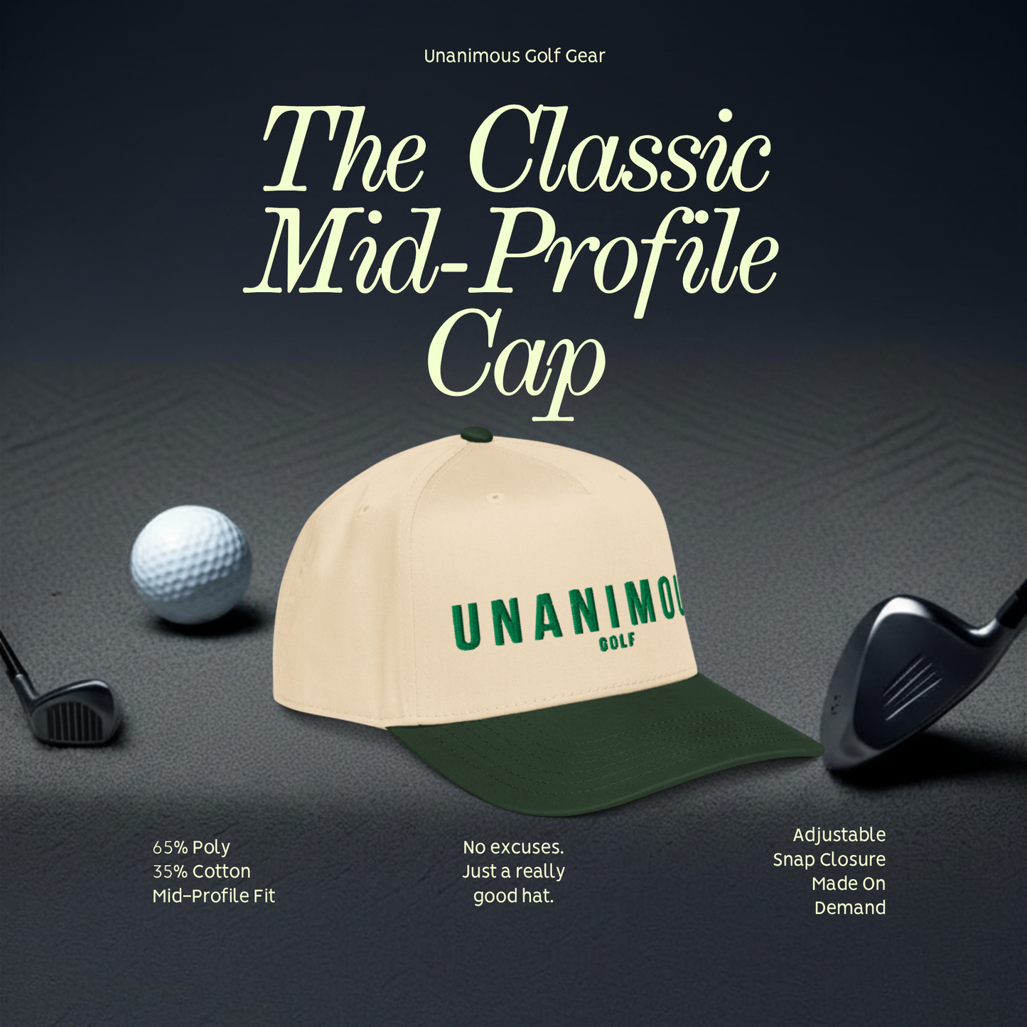 A beige and dark green mid-profile golf cap with 'UNANIMOUS GOLF' printed on the front, displayed with golf clubs and a golf ball on a dark textured background with promotional text.