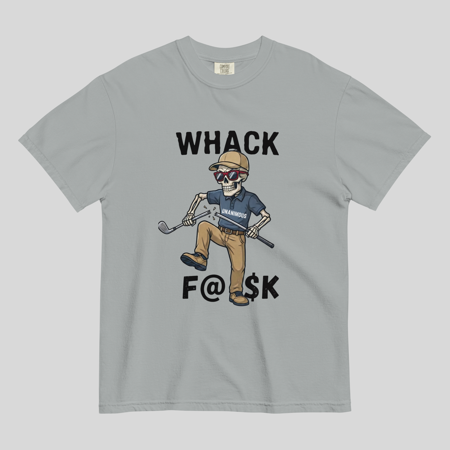 Whack F@$k skeleton golfer breaking golf club t-shirt design close-up