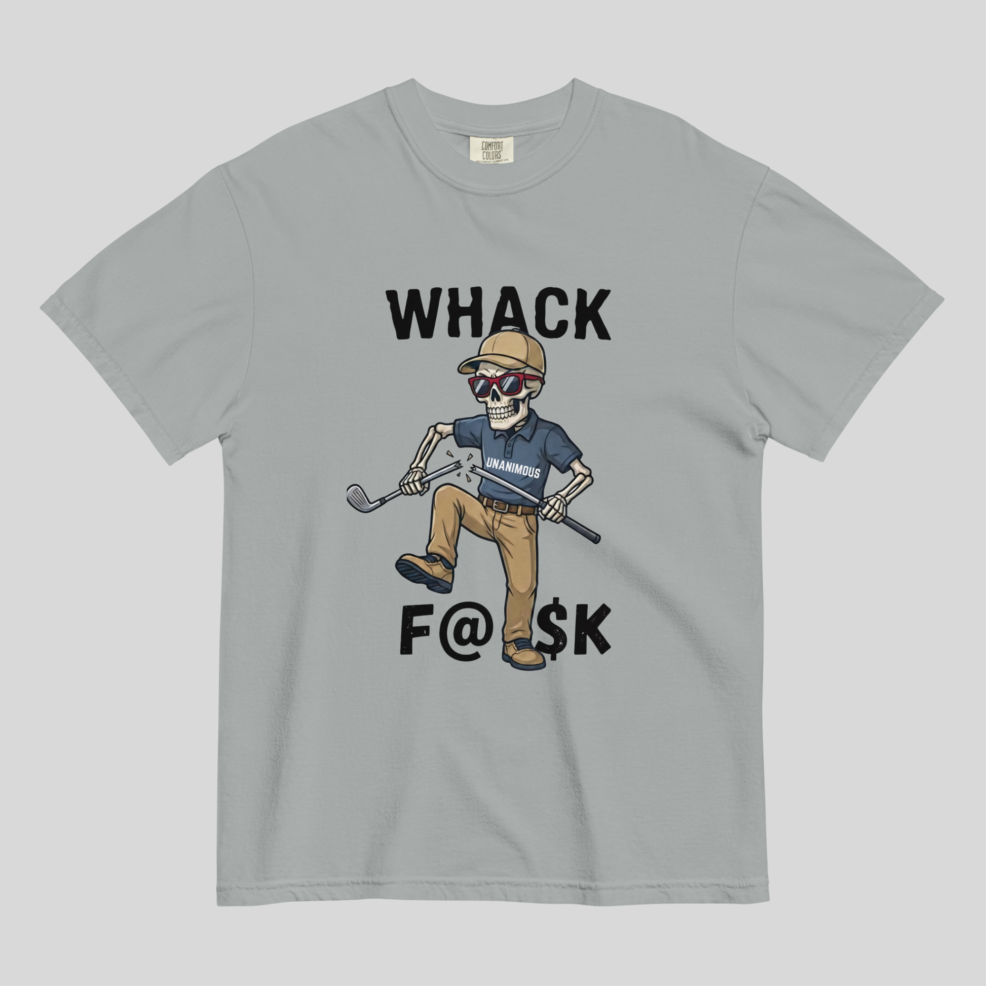 Whack F@$k skeleton golfer breaking golf club t-shirt design close-up