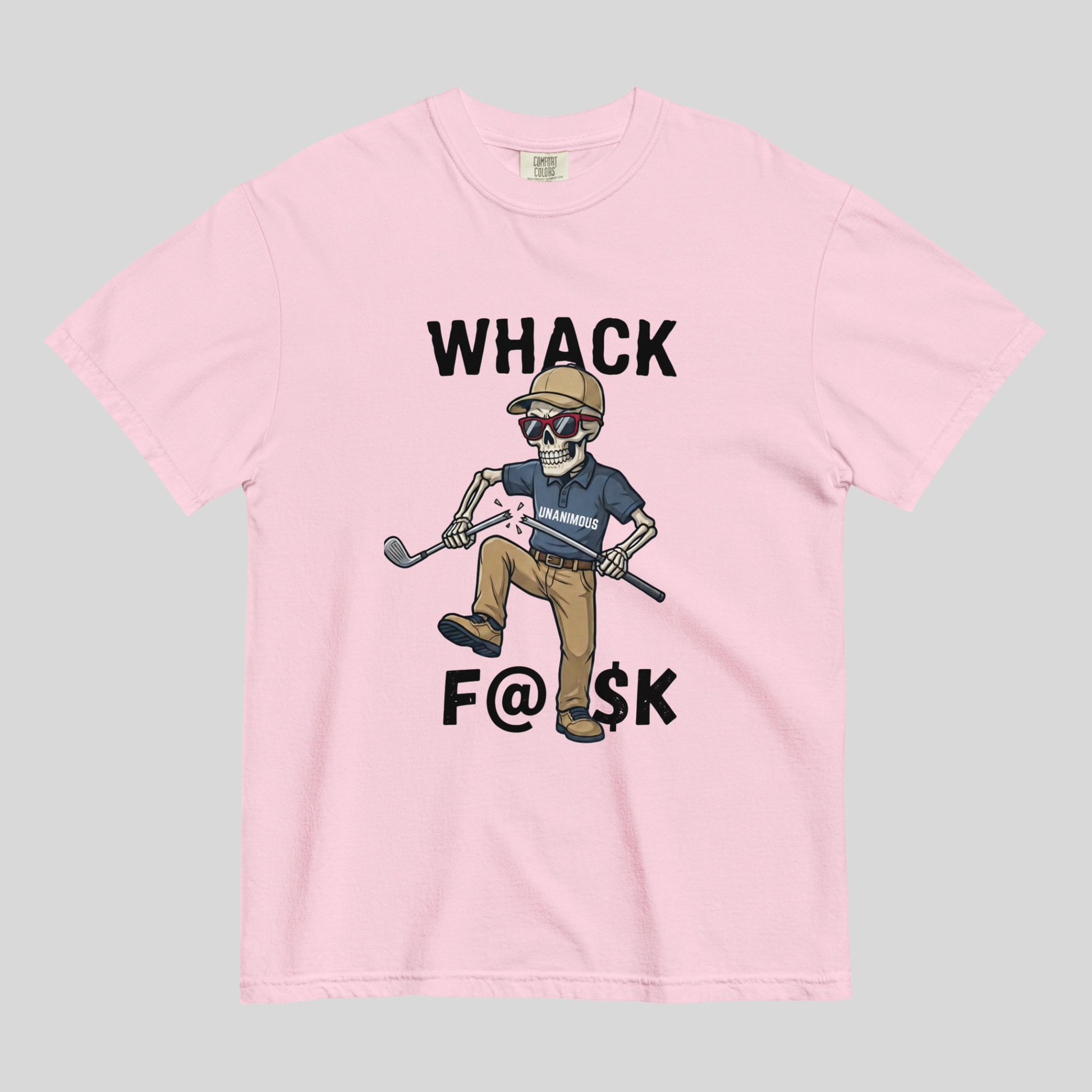 Whack F@$k skeleton golfer breaking golf club t-shirt design close-up