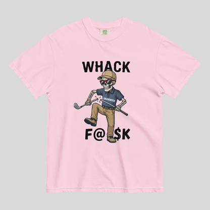 Whack F@$k skeleton golfer breaking golf club t-shirt design close-up