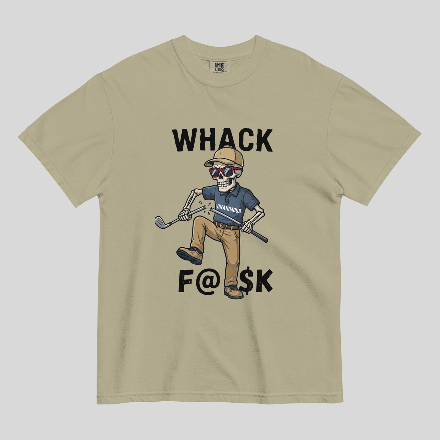 Whack F@$k skeleton golfer breaking golf club t-shirt design close-up