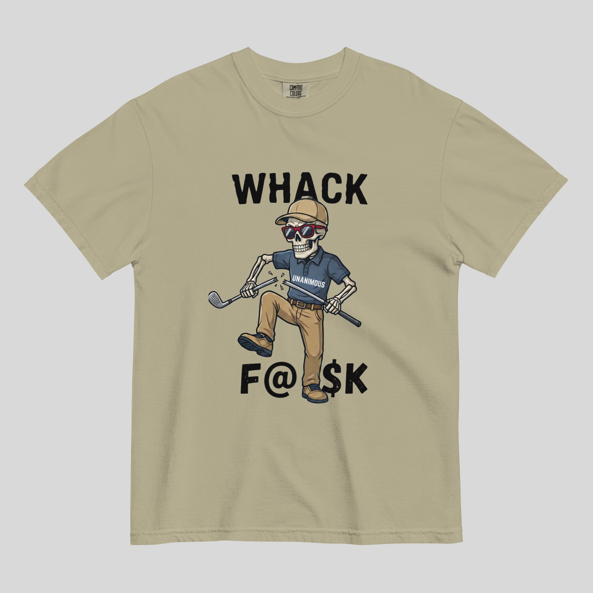 Whack F@$k skeleton golfer breaking golf club t-shirt design close-up