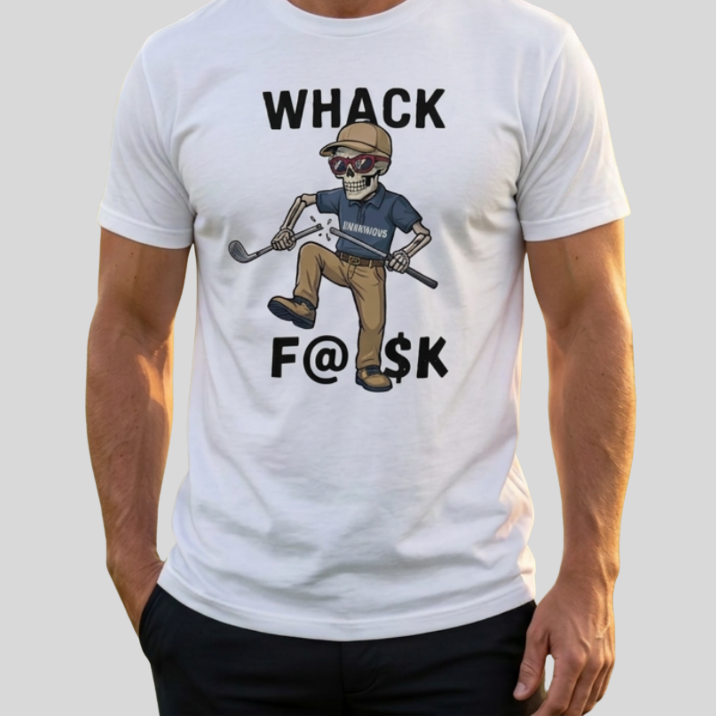 Whack F@$k skeleton golfer breaking golf club t-shirt design close-up