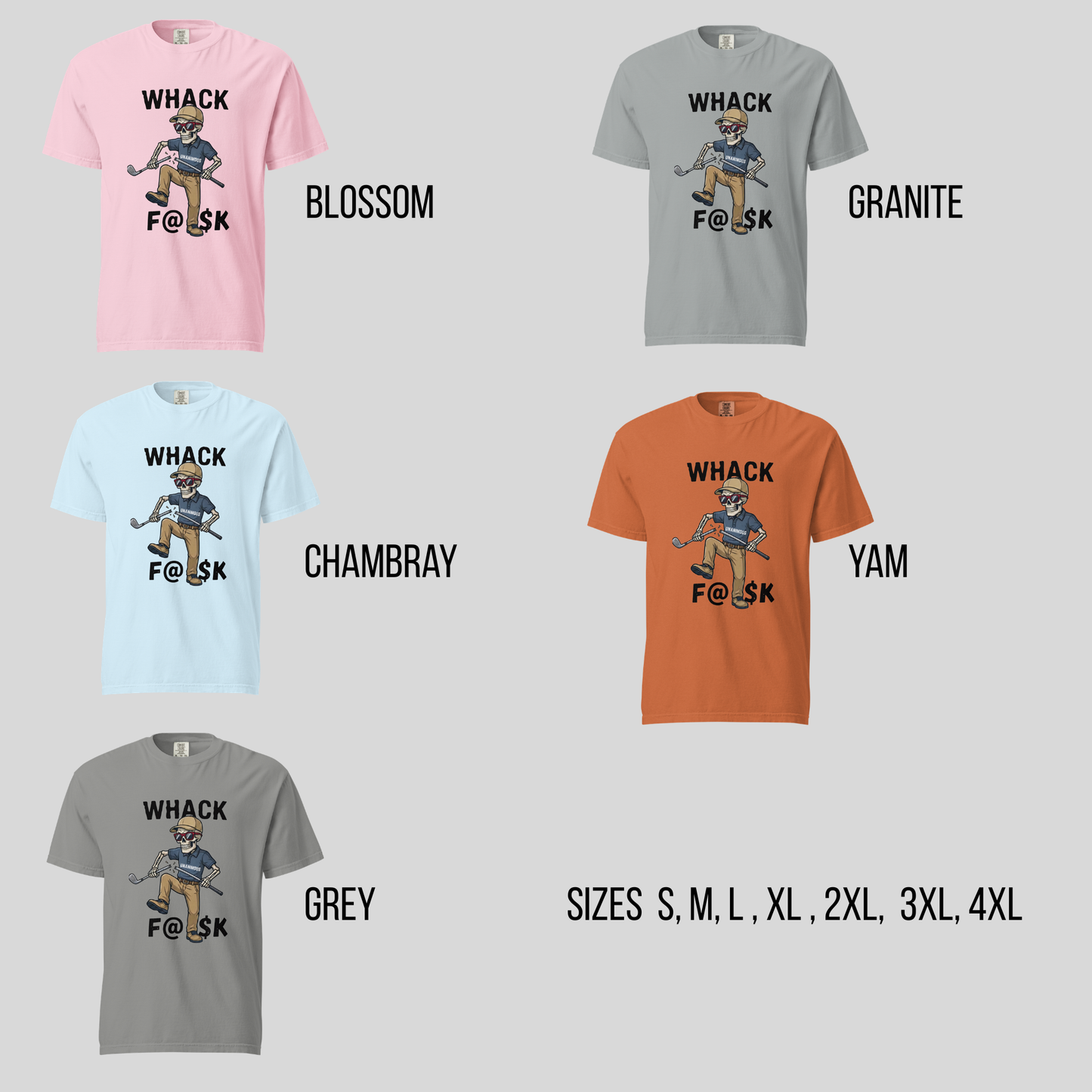 Whack F@$k skeleton golfer breaking golf club t-shirt design close-up