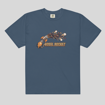 A Midnight Color comfort  colors 1717 crewneck t-shirt featuring a graphic of a rocket ship made from baseball bats and baseballs, with the text 'HOSEL ROCKET' printed below it, displayed on a neutral gray background.