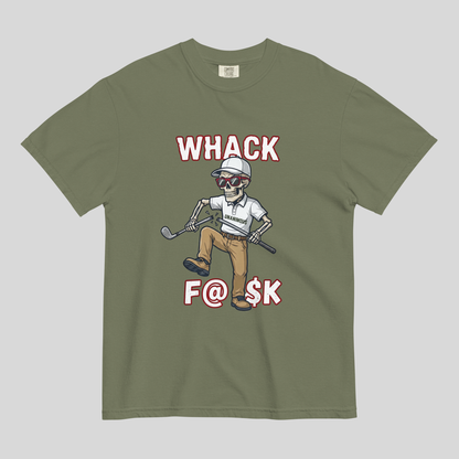 Whack F@$k skeleton golfer breaking golf club t-shirt on Comfort Colors 1717 tee
