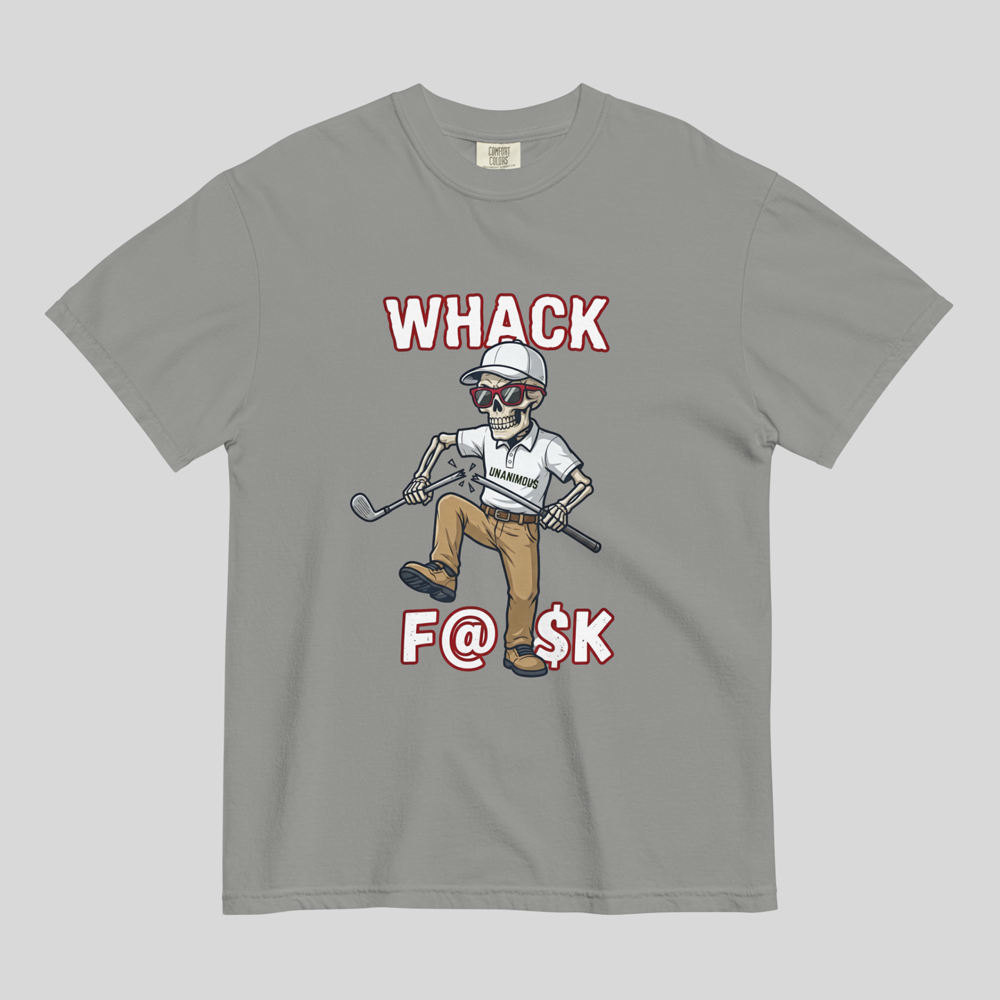Whack F@$k skeleton golfer breaking golf club t-shirt design close-up
