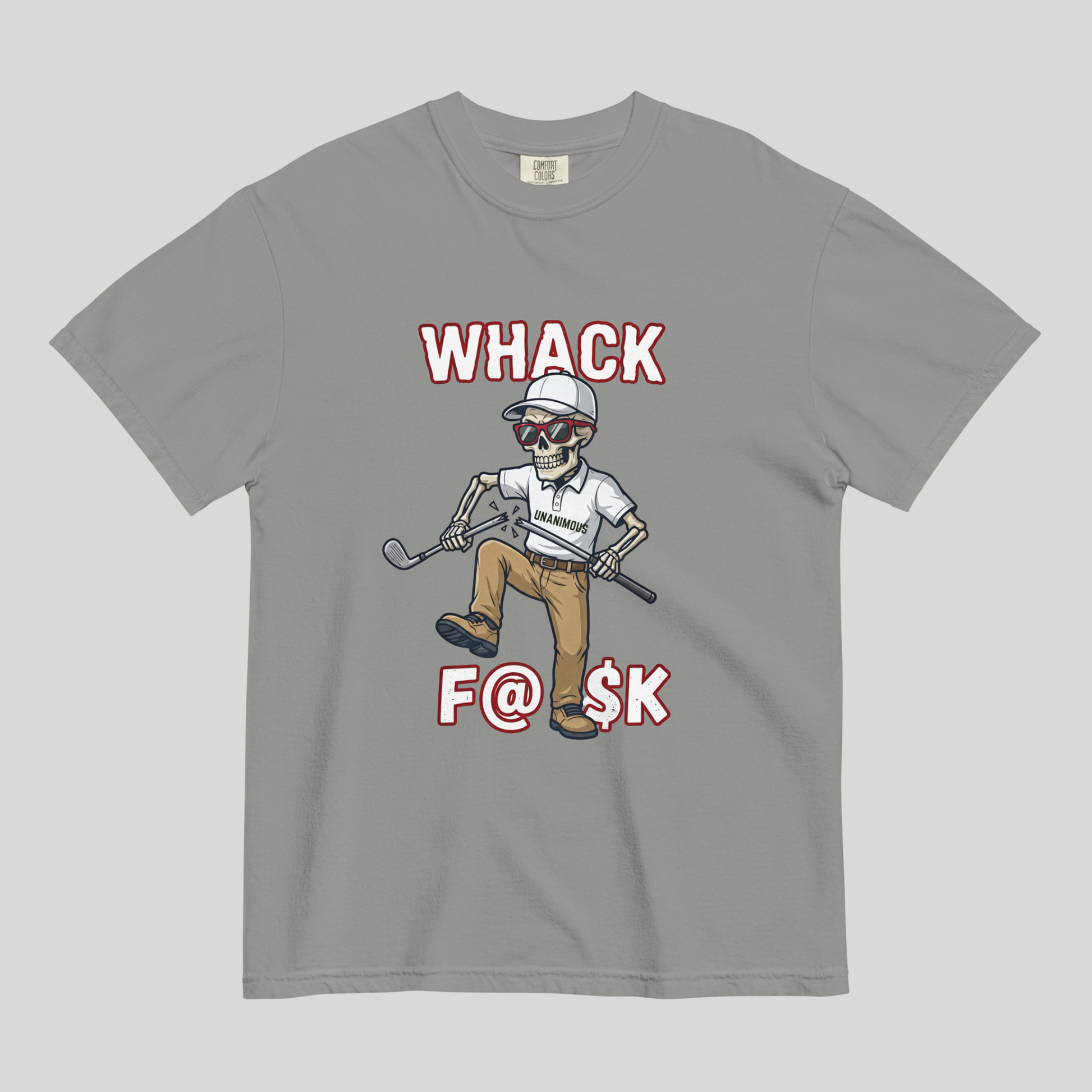 Whack F@$k skeleton golfer breaking golf club t-shirt design close-up