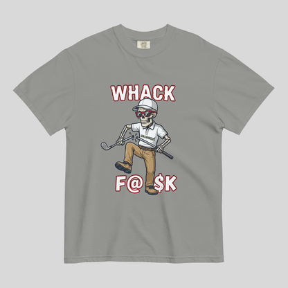 Whack F@$k skeleton golfer breaking golf club t-shirt design close-up