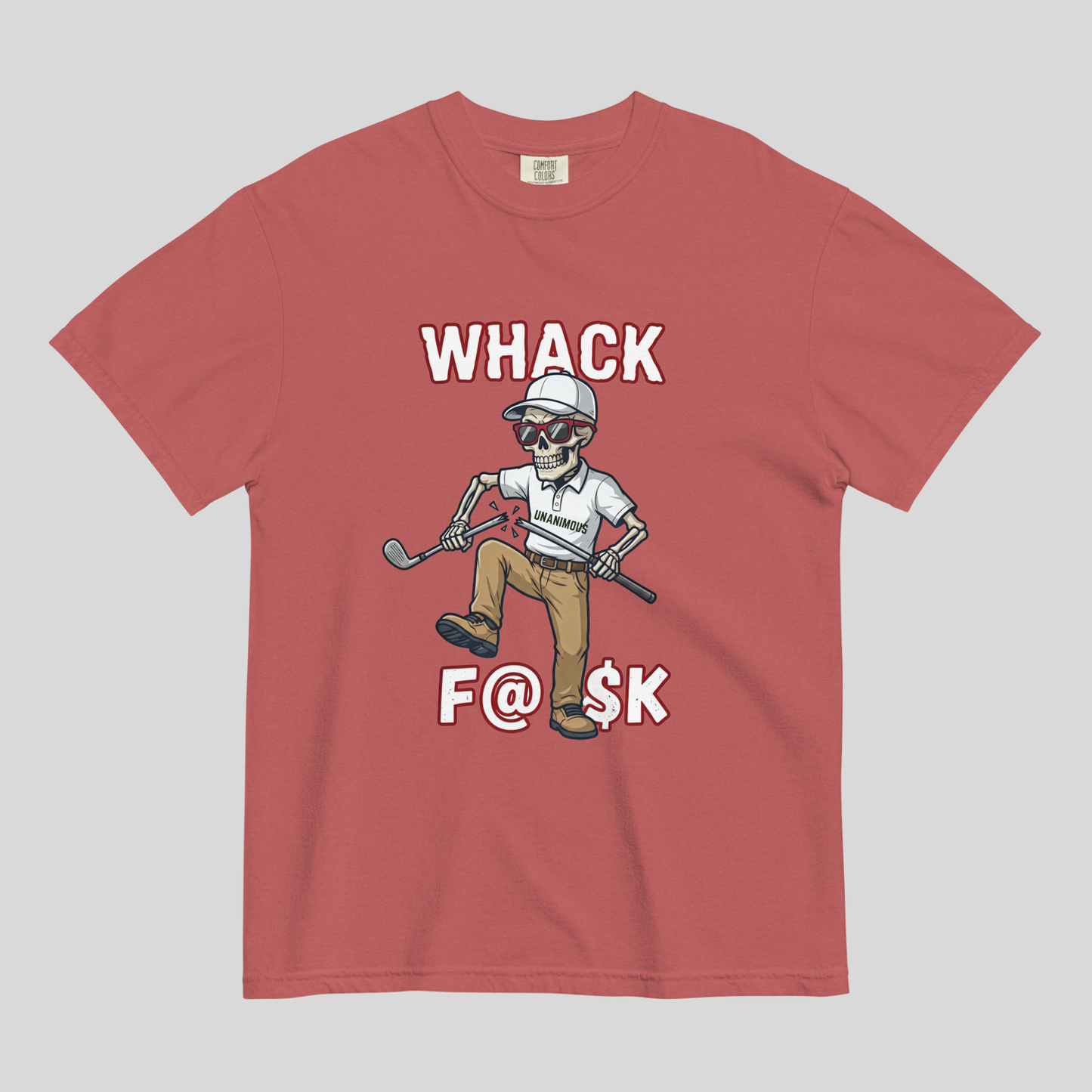 Whack F@$k skeleton golfer breaking golf club t-shirt design close-up